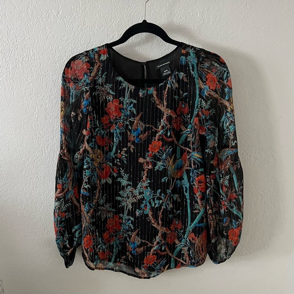 Club Monaco Black Silk Floral Vine Print Blouse
